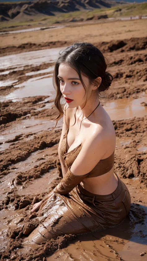 Sophietia looks distressed,surreal photos, Muddy Sophietia, Open your mouth, bright red lipstick, The mud flows thickly over my ...