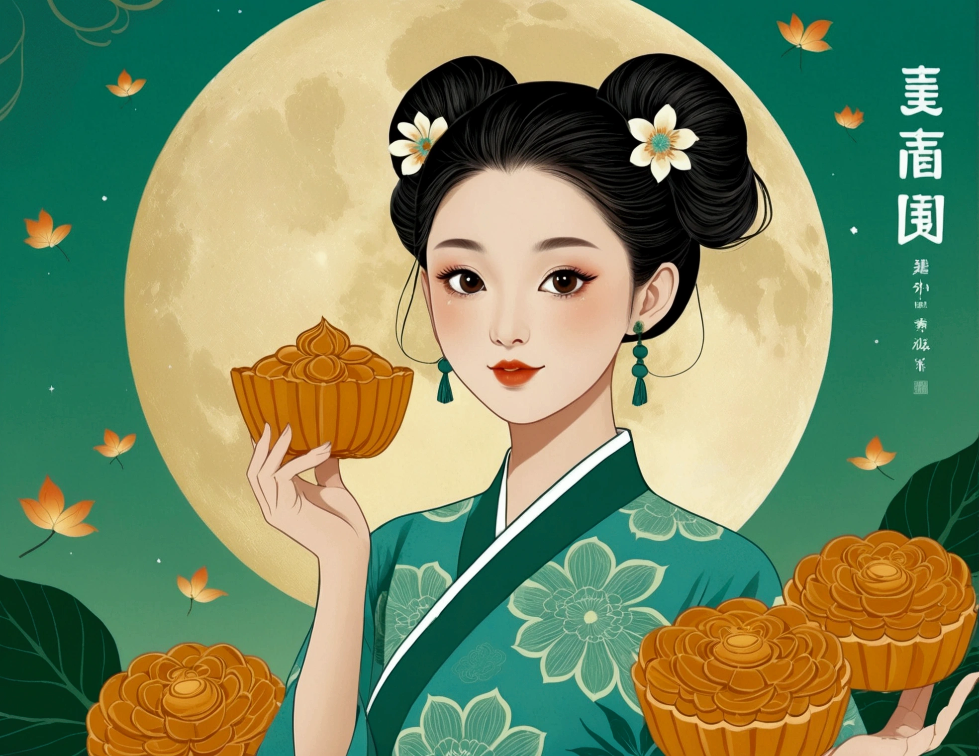 Mid-Autumn Festival poster design，girl，Cyan and Green，Starbucks mooncakes，moon，orange color，big eyes，Cute expression，Two hair buns，cheongsam，Cartoon，Fresh，romantic，Simplicity，Modern design