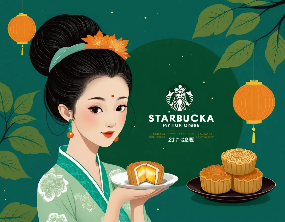 mid-autumn festival poster design，girl，cyan and green，starbucks mooncakes，moon，orange color，big eyes，cute expression，two hair bu...