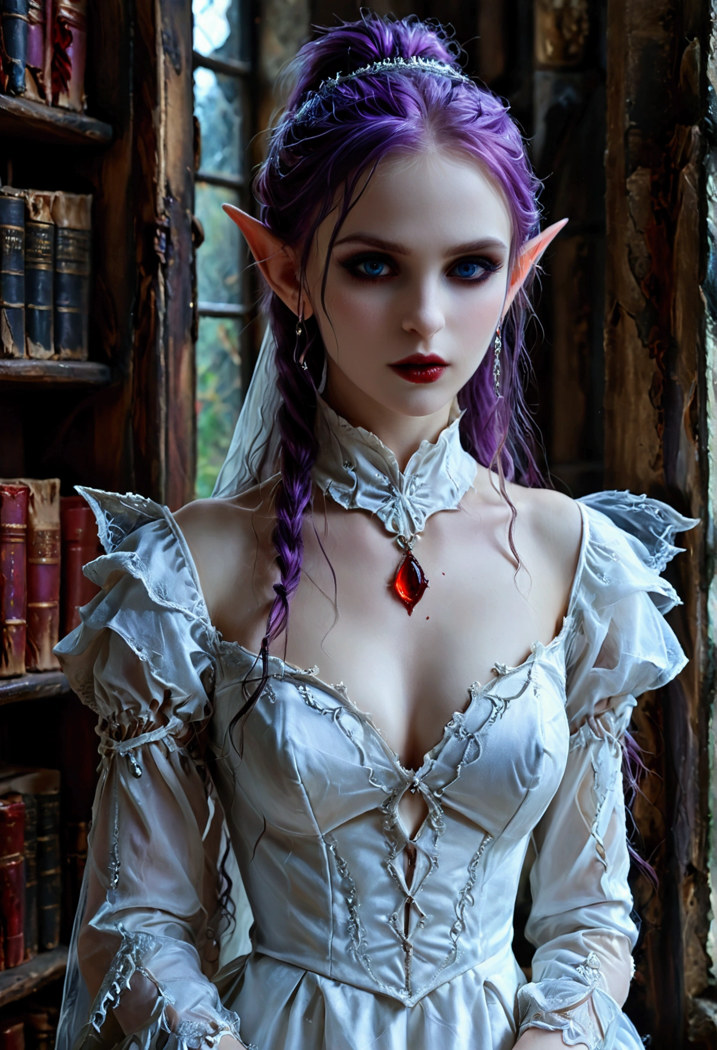 arafed a picture of elf vampire in her castle. an exquisite beautiful female elf vampire (ultra details, Masterpiece, best quality), bloody mouth, purple hair, pale skin, hair in a ponytail, long hair, blue eyes, small pointed ears, cold eyes, smirking, wearing white dress (ultra details, Masterpiece, best quality), red cloak, in dark fantasy library, book shelves, arafed high details, best quality, 16k, [ultra detailed], masterpiece, best quality, (ultra detailed), full body, ultra wide shot, photorealism, RAW, dark fantasy art, gothic art, wearing Haute_Couture designer dress, Dark Novel, Dark Art Painting Style, dripping blood, hud_s1n, short black dress, long sleeves, veil, thighhighs