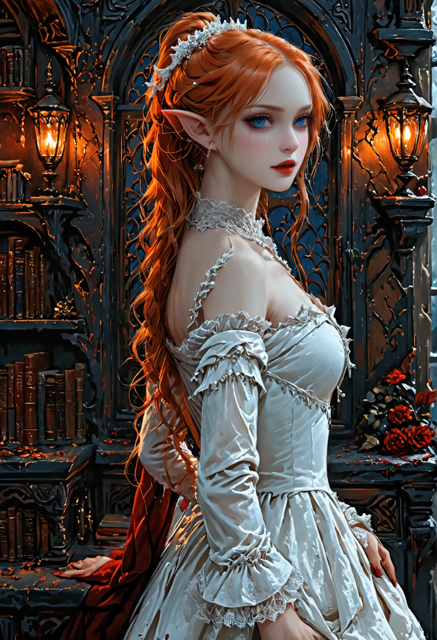 arafed a picture of elf vampire in her castle. an exquisite beautiful female elf vampire (ultra details, masterpiece, best quali...