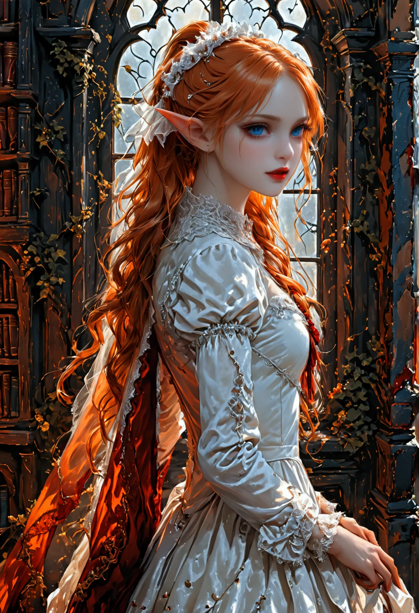 arafed a picture of elf vampire in her castle. an exquisite beautiful female elf vampire (ultra details, masterpiece, best quali...