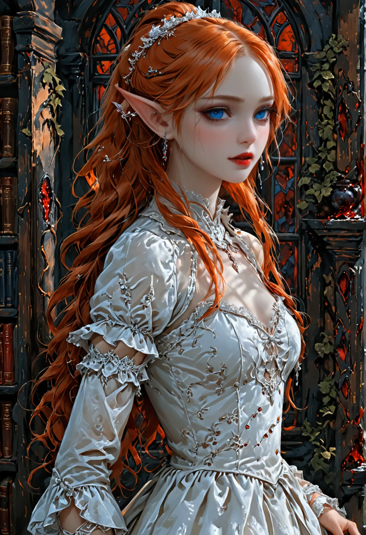 arafed a picture of elf vampire in her castle. an exquisite beautiful female elf vampire (ultra details, masterpiece, best quali...