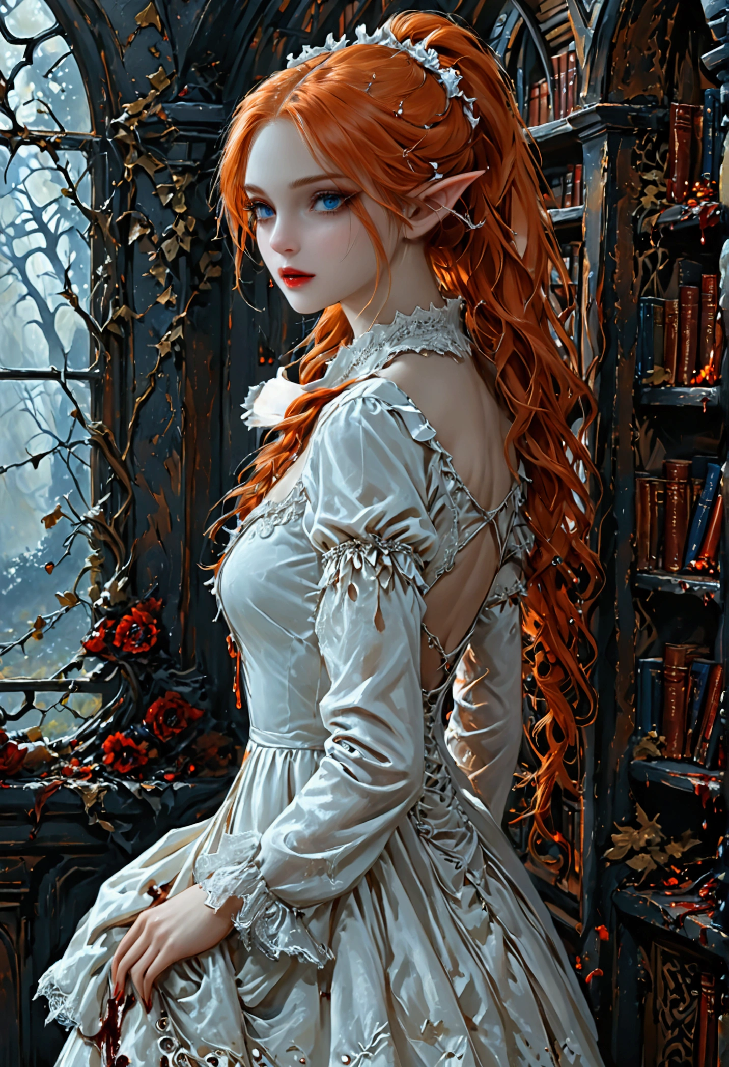 arafed a picture of elf vampire in her castle. an exquisite beautiful female elf vampire (ultra details, Masterpiece, best quality), bloody mouth, orange hair, pale skin, hair in a ponytail, long hair, blue eyes, small pointed ears, cold eyes, smirking, wearing white dress (ultra details, Masterpiece, best quality), red cloak, in dark fantasy library, book shelves, arafed high details, best quality, 16k, [ultra detailed], masterpiece, best quality, (ultra detailed), full body, ultra wide shot, photorealism, RAW, dark fantasy art, gothic art, wearing Haute_Couture designer dress, Dark Novel, Dark Art Painting Style, dripping blood, hud_s1n, short black dress, long sleeves, veil, thighhighs