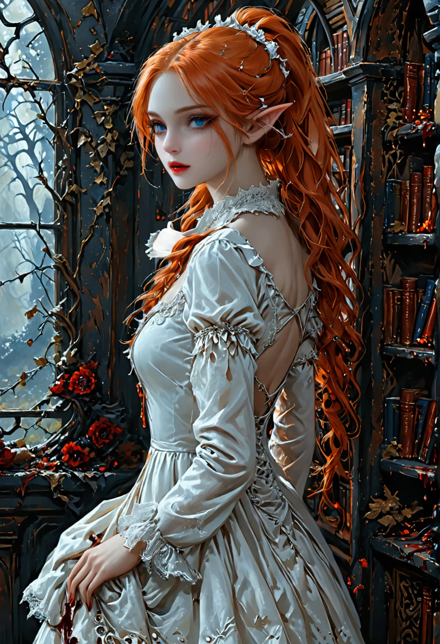 arafed a picture of elf vampire in her castle. an exquisite beautiful female elf vampire (ultra details, masterpiece, best quali...