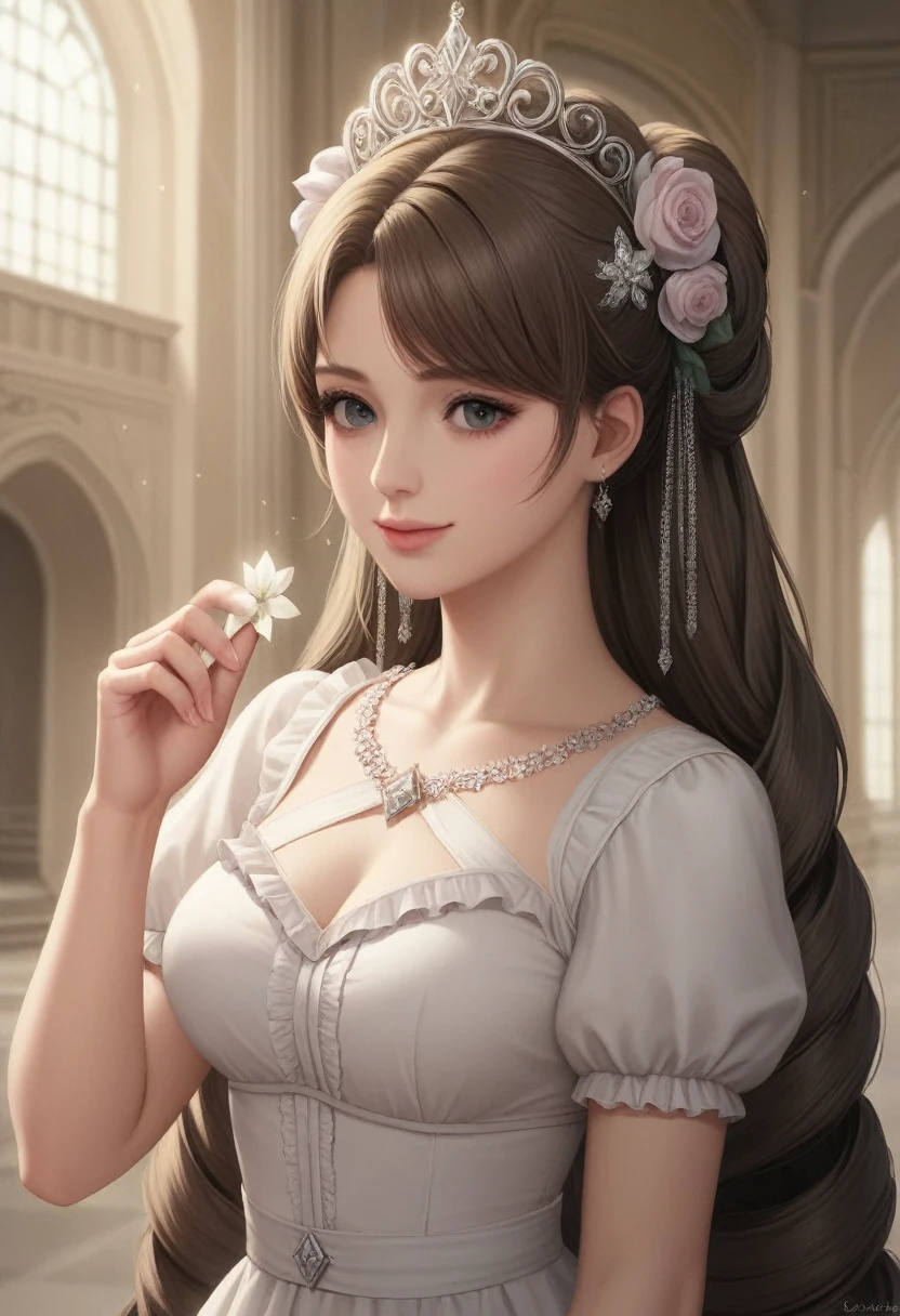 Dramatic composition, Court-style dress, Royal, nice, カスケードFrills, Frills, bow, Crystal Chandelier, Roman Curly Hairstyles, to place, Drill-like double ponytail, Looking at the camera, bangs, Maximalism, Palace-like background, Delicate depiction of hair and eyes, Princess Dress, nice skirts, Flowers in hands, smile, Starry Eyes, Cinematic Light, Extremely detailed, High resolution, Happy girl, Very long hair, diamond, broken diamond, Crystal Fragment, Particles of light