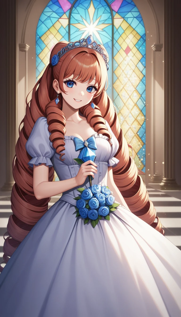 Dramatic composition, Court-style dress, Royal, nice, カスケードFrills, Frills, bow, Crystal Chandelier, Roman Curly Hairstyles, to place, Drill-like double ponytail, Looking at the camera, bangs, Maximalism, Palace-like background, Delicate depiction of hair and eyes, Princess Dress, nice skirts, Flowers in hands, smile, Starry Eyes, Cinematic Light, Extremely detailed, High resolution, Happy girl, Very long hair, diamond, broken diamond, Crystal Fragment, Particles of light