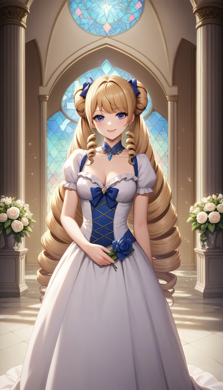 Dramatic composition, Court-style dress, Royal, nice, カスケードFrills, Frills, bow, Crystal Chandelier, Roman Curly Hairstyles, to place, Drill-like double ponytail, Looking at the camera, bangs, Maximalism, Palace-like background, Delicate depiction of hair and eyes, Princess Dress, nice skirts, Flowers in hands, smile, Starry Eyes, Cinematic Light, Extremely detailed, High resolution, Happy girl, Very long hair, diamond, broken diamond, Crystal Fragment, Particles of light