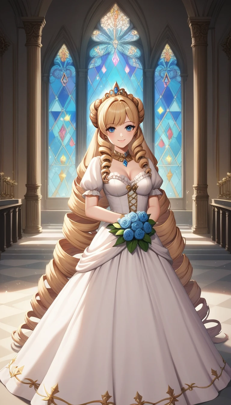 Dramatic composition, Court-style dress, Royal, nice, カスケードFrills, Frills, bow, Crystal Chandelier, Roman Curly Hairstyles, to place, Drill-like double ponytail, Looking at the camera, bangs, Maximalism, Palace-like background, Delicate depiction of hair and eyes, Princess Dress, nice skirts, Flowers in hands, smile, Starry Eyes, Cinematic Light, Extremely detailed, High resolution, Happy girl, Very long hair, diamond, broken diamond, Crystal Fragment, Particles of light