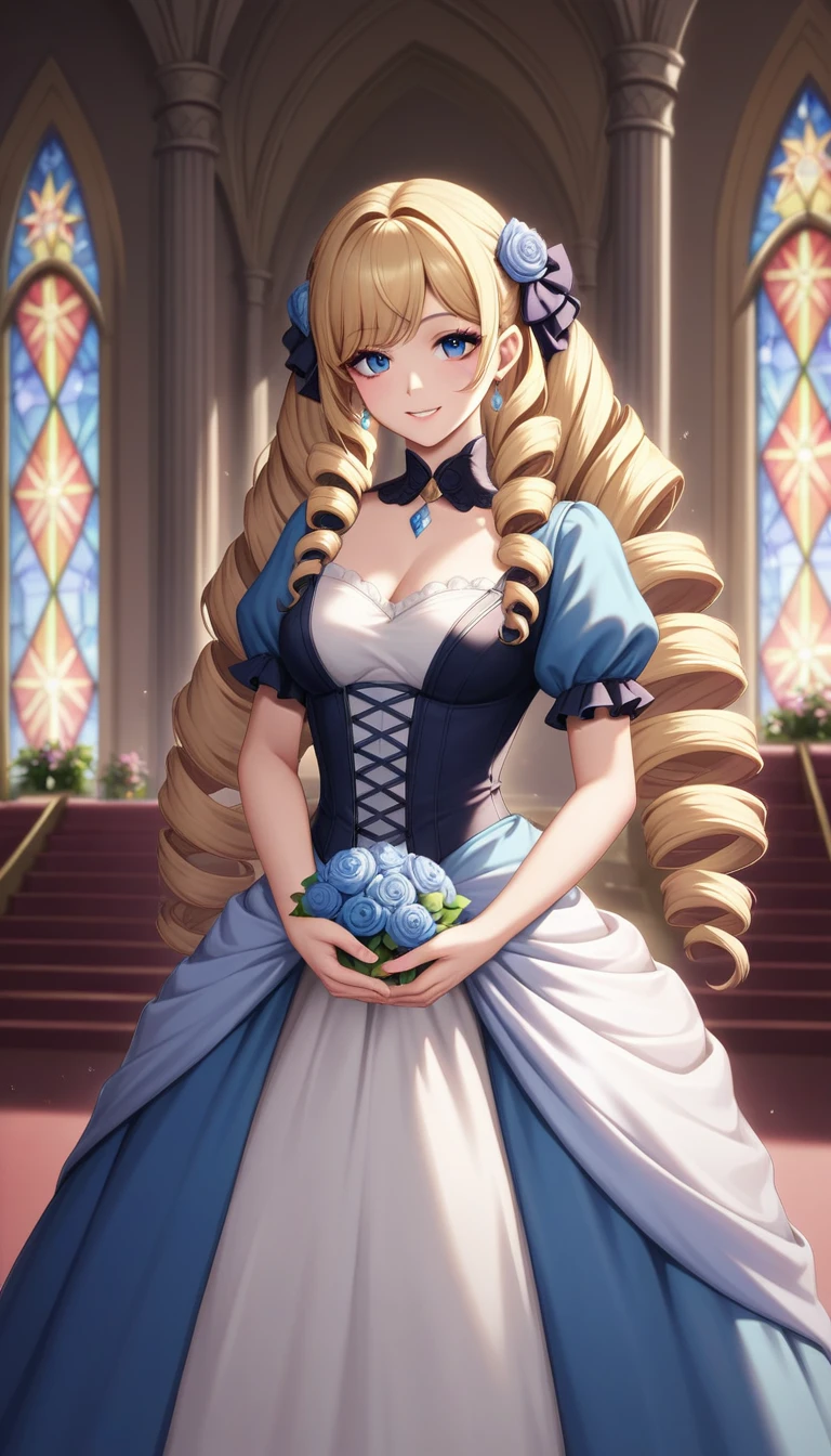 Dramatic composition, Court-style dress, Royal, nice, カスケードFrills, Frills, bow, Crystal Chandelier, Roman Curly Hairstyles, to place, Drill-like double ponytail, Looking at the camera, bangs, Maximalism, Palace-like background, Delicate depiction of hair and eyes, Princess Dress, nice skirts, Flowers in hands, smile, Starry Eyes, Cinematic Light, Extremely detailed, High resolution, Happy girl, Very long hair, diamond, broken diamond, Crystal Fragment, Particles of light