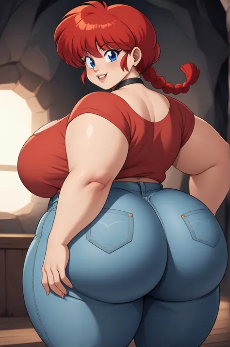 Ranma Saotome. red hair. Blue eyes. pigtail. Huge ass. bbw. choker. shirt. jeans. cave. 
