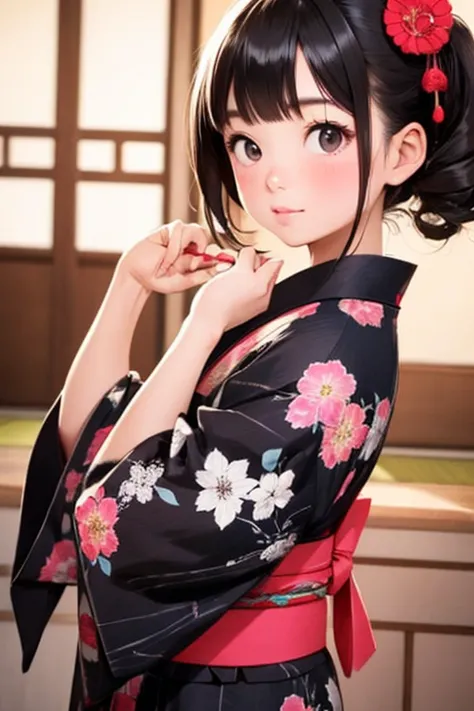 there is nothing, Highest quality, Japanese Girls, 10 years old，pretty girl，Black hair straight，evil girl，Cute Yukata，