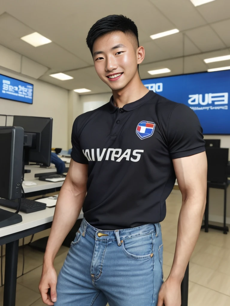 ((realistic daylight)) , Young Korean man in only a black sports shirt, no stripes, and jeans., A handsome, muscular young Asian man looks at the camera.  , In a computer shop ,turn sideways, smile