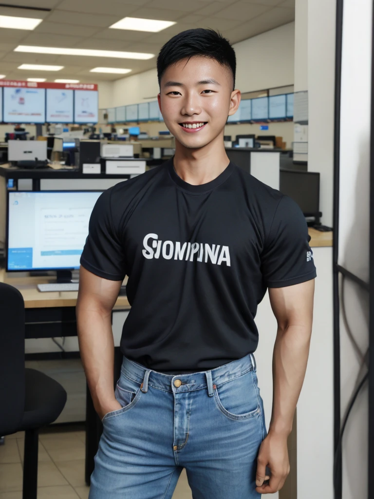 ((realistic daylight)) , Young Korean man in only a black sports shirt, no stripes, and jeans., A handsome, muscular young Asian man looks at the camera.  , In a computer shop ,turn sideways, smile