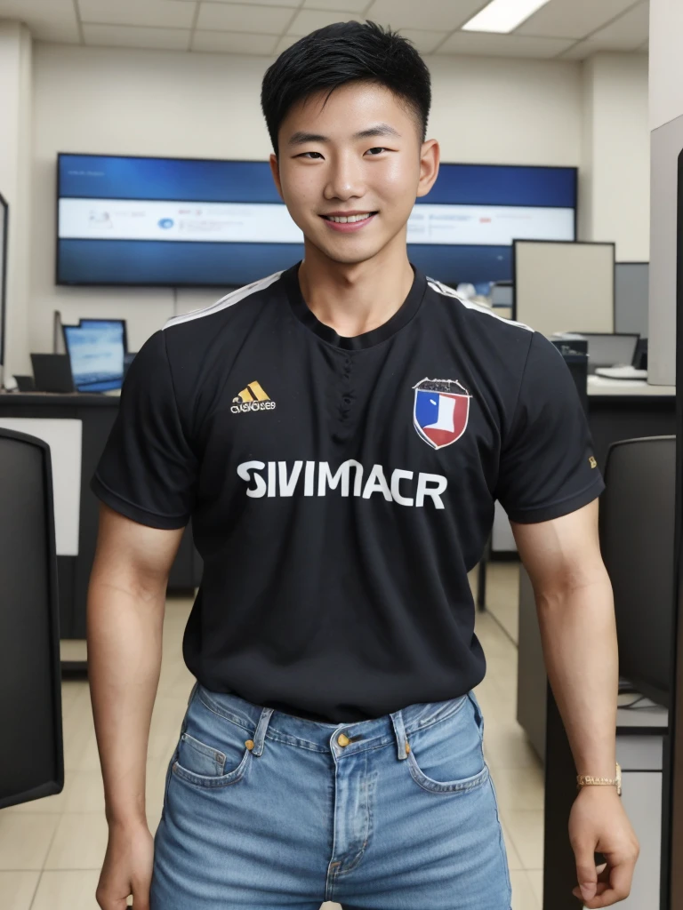 ((realistic daylight)) , Young Korean man in only a black sports shirt, no stripes, and jeans., A handsome, muscular young Asian man looks at the camera.  , In a computer shop ,turn sideways, smile