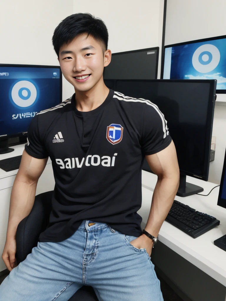 ((realistic daylight)) , Young Korean man in only a black sports shirt, no stripes, and jeans., A handsome, muscular young Asian man looks at the camera.  , In a computer shop ,turn sideways, smile