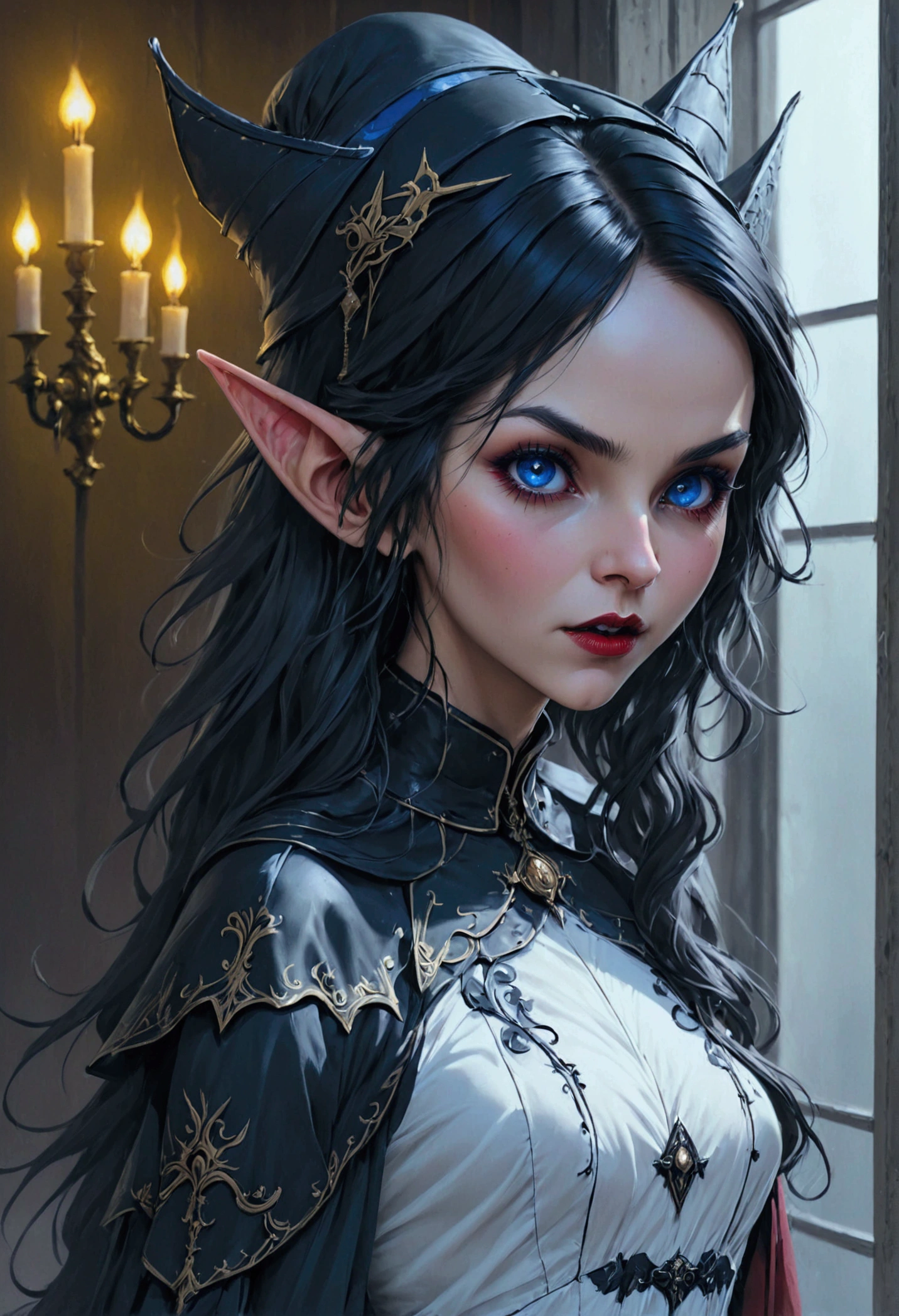 arafed a picture of elf vampire in her castle. an exquisite beautiful female elf vampire (ultra details, Masterpiece, best quality), bloody mouth, black hair, pale skin, hair in a ponytail, long hair, blue eyes, (small pointed ears: 1.3), cold eyes, smirking, wearing white dress (ultra details, Masterpiece, best quality), red cloak, in dark fantasy library, book shelves, arafed high details, best quality, 16k, [ultra detailed], masterpiece, best quality, (ultra detailed), full body, ultra wide shot, photorealism, RAW, dark fantasy art, gothic art, ArmoredDress, Dark Novel, Dark Art Painting Style, dripping blood, goth person, wearing Haute_Couture designer dress