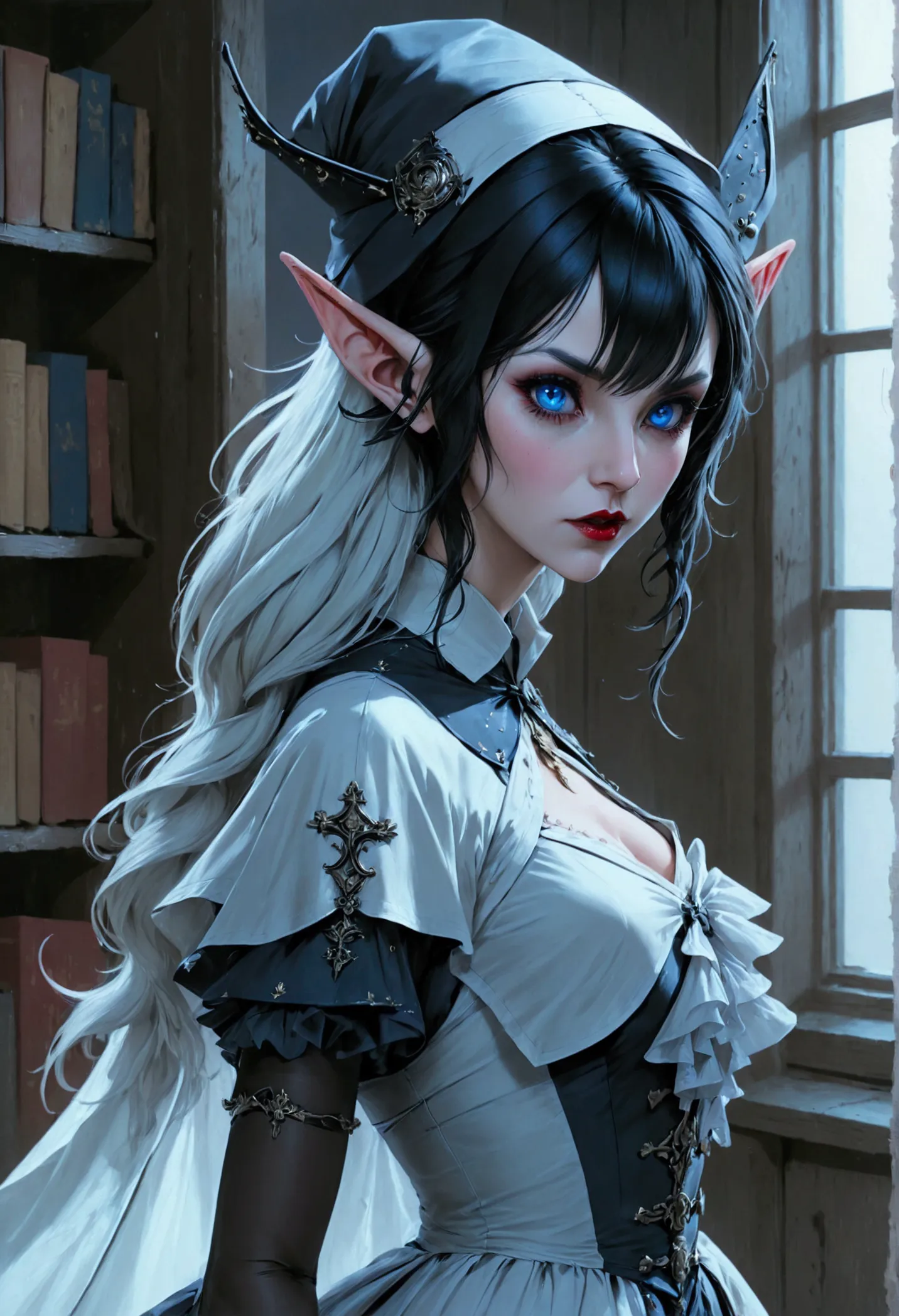 arafed a picture of elf vampire in her castle. an exquisite beautiful female elf vampire (ultra details, masterpiece, best quali...