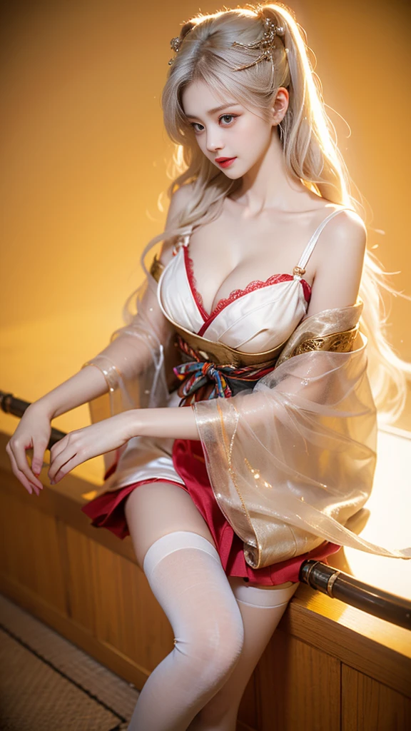 1girl,silver hair,japanese clothes,white thighhighs,detached sleeves, hair ornament, ((knee shot)), ((Shoot at random angles)), ((Visible cleavage)), ((E-cup)), ((I-type Valley)), ((Warm colors)), Long-range shooting, A beautiful woman，Elegant posture，Standing，Slender figure。Her legs are slender and straight，Cross placement，Forming a perfect diagonal composition。Head gently sideways，Long blond hair falls naturally，Gently brushing her shoulders。Soft colors，In stark contrast to her fair skin。The edge of the skirt ripples gently，As if swaying in the breeze。Her eyes were gentle，There is a faint smile on the lips。The whole picture looks very harmonious and beautiful