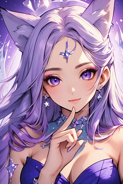 ((best quality)), ((masterpiece)), (detailed), detailed eyes, detailed hands, close up image of her face, female, light purple h...