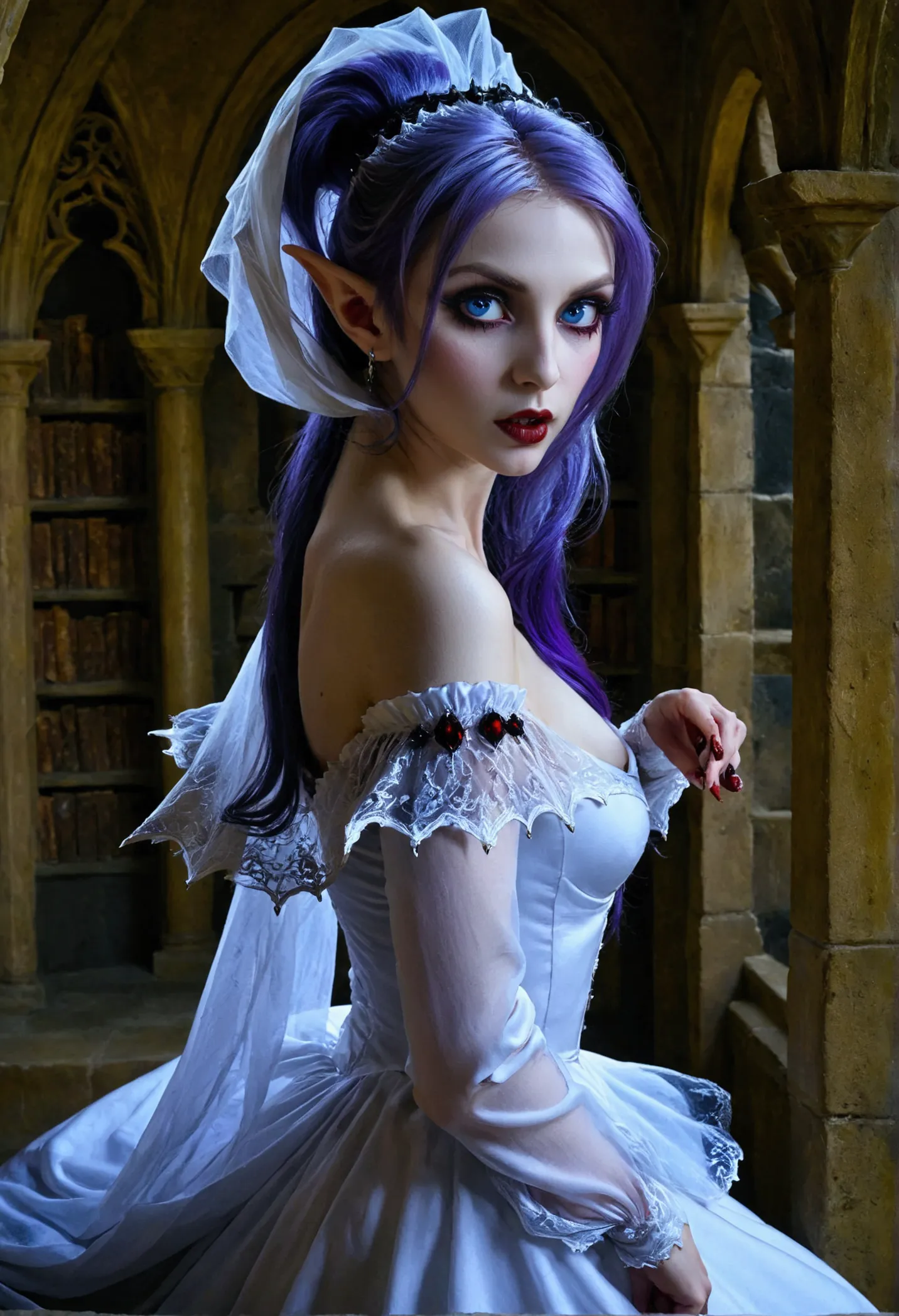 arafed a picture of elf vampire in her castle. an exquisite beautiful female elf vampire (ultra details, masterpiece, best quali...