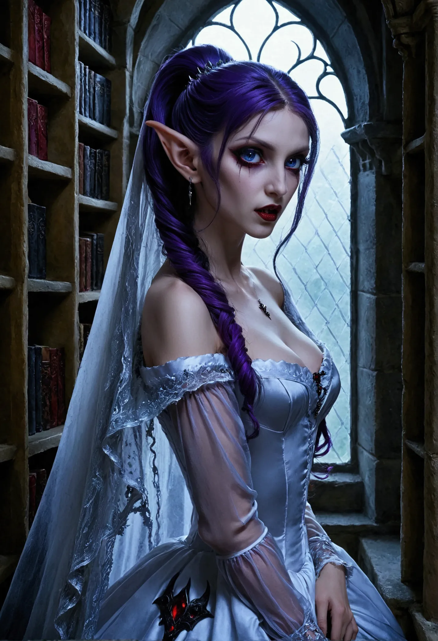 arafed a picture of elf vampire in her castle. an exquisite beautiful female elf vampire (ultra details, masterpiece, best quali...