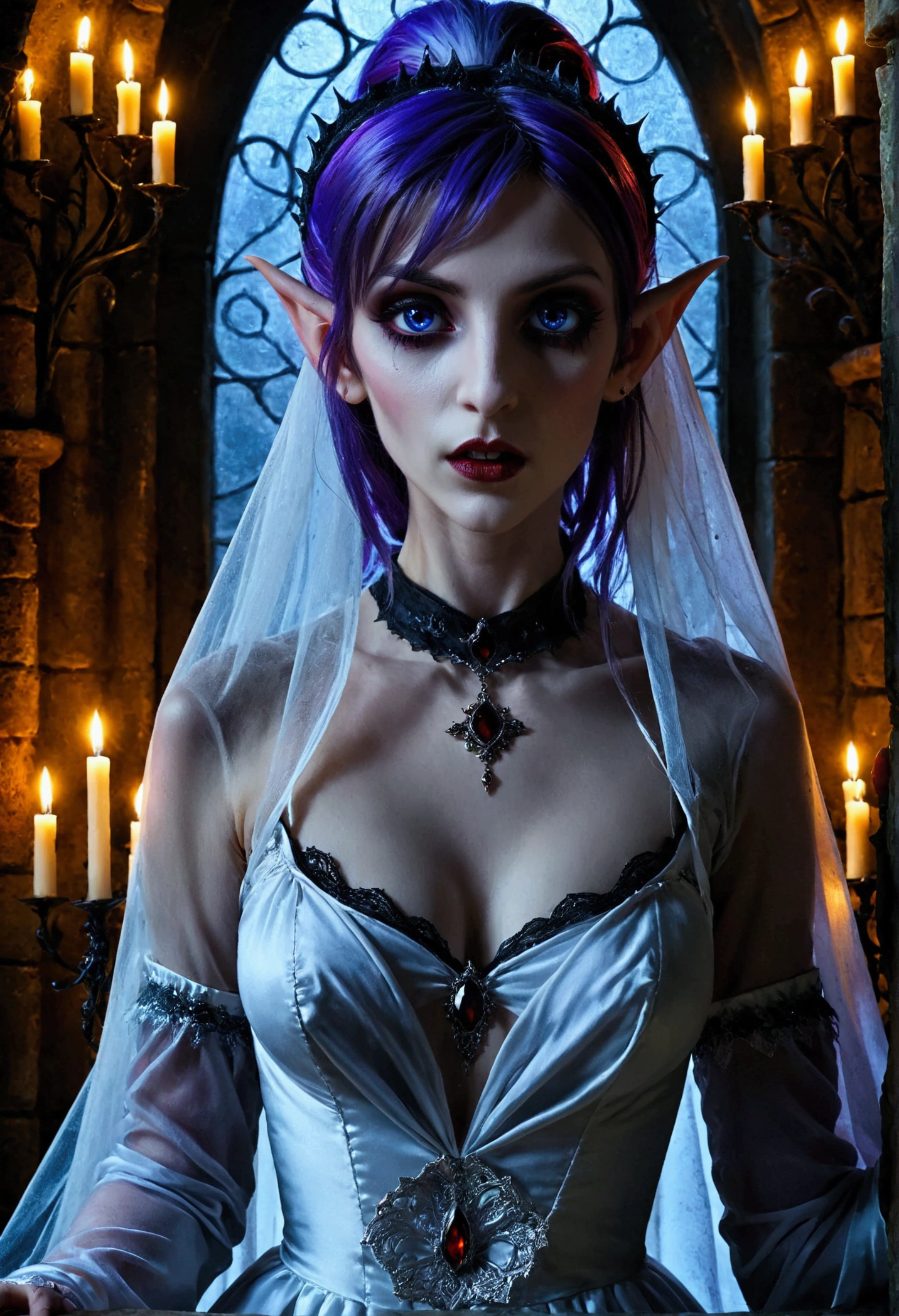 arafed a picture of elf vampire in her castle. an exquisite beautiful female elf vampire (ultra details, Masterpiece, best quality), bloody mouth, purple hair, pale skin, hair in a ponytail, long hair, blue eyes, small pointed ears, cold eyes, smirking, wearing white dress (ultra details, Masterpiece, best quality), red cloak, in dark fantasy library, book shelves, arafed high details, best quality, 16k, [ultra detailed], masterpiece, best quality, (ultra detailed), full body, ultra wide shot, photorealism, RAW, dark fantasy art, gothic art, wearing Haute_Couture designer dress, Dark Novel, Dark Art Painting Style, dripping blood, hud_s1n, short black dress, long sleeves, veil, thighhighs