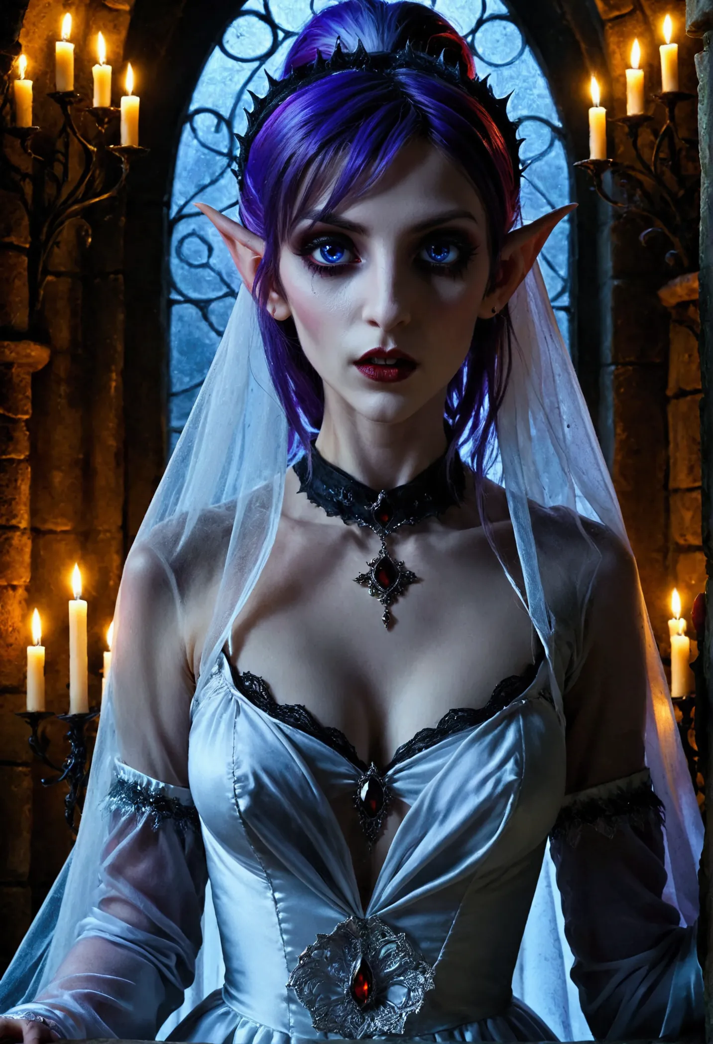 arafed a picture of elf vampire in her castle. an exquisite beautiful female elf vampire (ultra details, masterpiece, best quali...