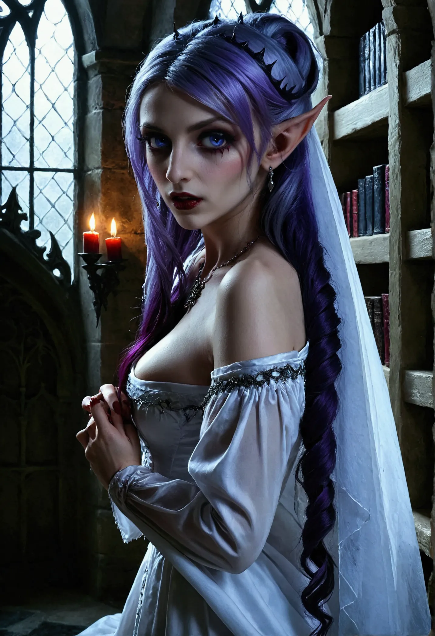 arafed a picture of elf vampire in her castle. an exquisite beautiful female elf vampire (ultra details, masterpiece, best quali...