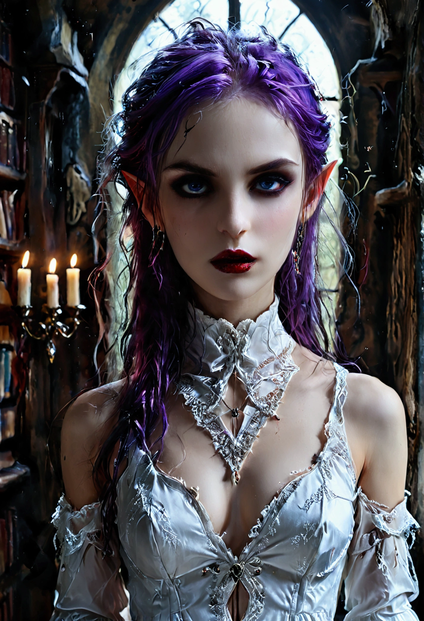 arafed a picture of elf vampire in her castle. an exquisite beautiful female elf vampire (ultra details, Masterpiece, best quality), bloody mouth, purple hair, pale skin, hair in a ponytail, long hair, blue eyes, small pointed ears, cold eyes, smirking, wearing white dress (ultra details, Masterpiece, best quality), red cloak, in dark fantasy library, book shelves, arafed high details, best quality, 16k, [ultra detailed], masterpiece, best quality, (ultra detailed), full body, ultra wide shot, photorealism, RAW, dark fantasy art, gothic art, wearing Haute_Couture designer dress, Dark Novel, Dark Art Painting Style, dripping blood, hud_s1n, short black dress, long sleeves, veil, thighhighs