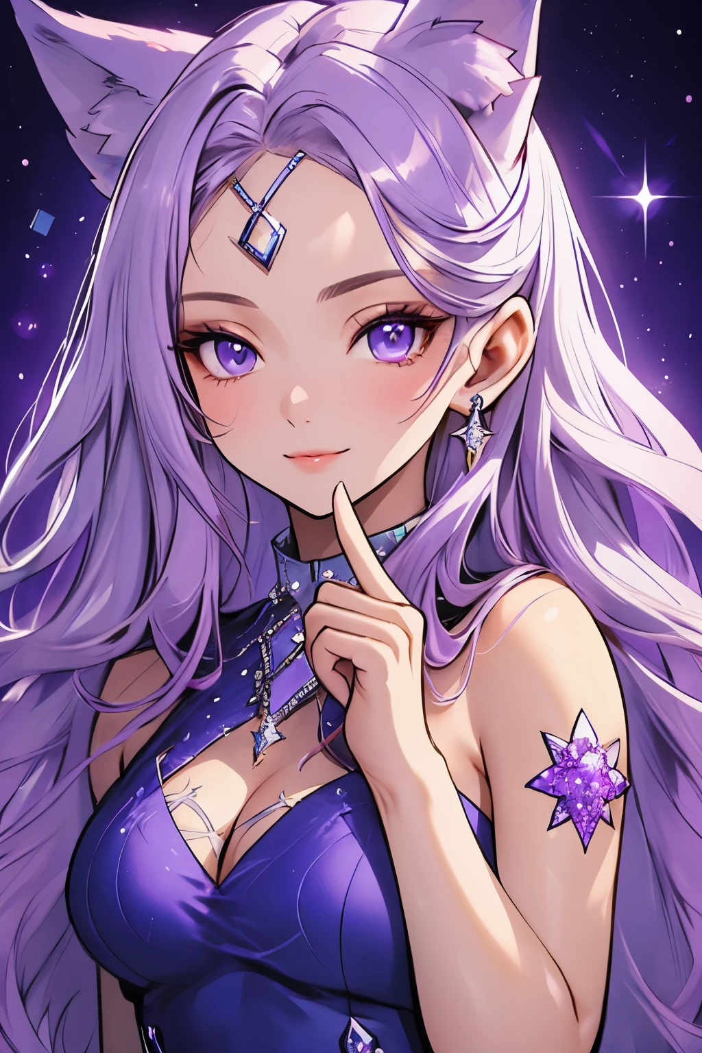 ((best quality)), ((masterpiece)), (detailed), detailed eyes, detailed hands, close up image of her face, female, light purple hair, light purple fox ears, detailed eight-pointed crystal star tattoo on her forehead, delicate and beautiful detailing, beautiful face, well-proportioned detailed purple eyes, round detailed purple eyes and makeup, beautiful detailed and clear purple eyes, volume smooth and sharp, best quality, very beautiful and meticulous eight-pointed crystal star tattoo on her forehead, delicate, must have an eight-pointed crystal star tattoo on forehead, mouth closed smile, not fully smiling, gazing out in wonder, starry background