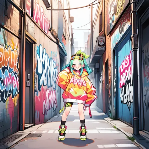 1girl ,magazine cover,  poster, alley background with graffiti, neon clothing pieces, street wear, stylish street wear