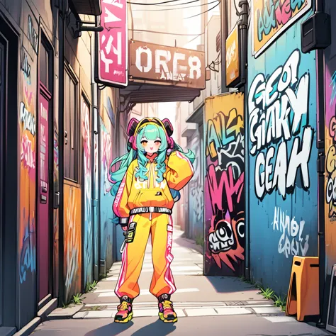 1girl ,magazine cover,  poster, alley background with graffiti, neon clothing pieces, street wear, stylish street wear