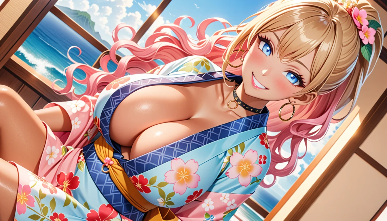 ultra-detailed, ((one girl)), (portrait), (tan skin:1.5), in pastel colors gyaru, (heavy makeup), (professional lighting) hyper detailed, absurdres, 8k, Beautiful Face, (Laugh shyly), ((teasing smile:1.6)), ((happy smile:1.5)),  ((Wink:1.5)), (Laugh with your mouth wide open),((Tilt your face:1.6)), View your viewers, ((Bright red cheeks:1.6)),Glossy shocking pink lips, ((huge breasts:1.6)),  (undressing), ((Her tattoo peeked through her kimono:1.2)), noon, summer, Luxury resort with ocean view, ((Anime style background)),masterpiece, Highest quality, (Brighten your face), so beautiful,Latest, Complex details, ((fluorescent pink long nail:1.2)), (ring),(bracelet), (Floral Choker),AI-generated, Complex,High resolution, Highest quality, super high quality,3D Images、3D Images,One person, (blond long hair), (High Ponytail), (wavy hair:1.4), Anime woman posing for a photo, ((Fine grain、blue eyes、glowing eyes:1.4)), (Squint your eyes:1.1),a hyperRealistic , hyperRealistic , Realistic,Anime woman with long honey blonde hair, Smooth anime CG art, A girl in a gorgeous pastel-colored kimono, ((Pastel-colored furisode)),(Pink large floral pattern),  (sideboob), Long flower hair ornament,large gold hoop earrings, Mature Body, tall,Narrow waist, Sit on a chair, front view,((dutch angle)), (upper body), 