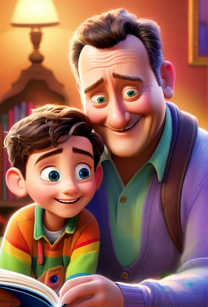 (wide amgle:1.5),(bright and vibrant colors), (highres), (realistic:1.37), Disney Pixar Movie poster, (art by Kevin James), skinny, no muscle, (55 years old man and his son),father and son, (beautiful detailed eyes:1.1), (beautiful detailed lips:1.1), smiling with a warm expression, (charming appearance:1.1), (professional lighting), (ultra-fine rendering), upper body shot, (expressive facial features:1.1), reading a book to the son, (reading intently:1.1), surrounded by magical elements representing different Pixar movies, (dynamic composition), (whimsical details), (playful characters), vibrant background, filled with color and joy, (3D render), (fantastical art style), (nostalgic aesthetic), (attention to detail:1.1).
