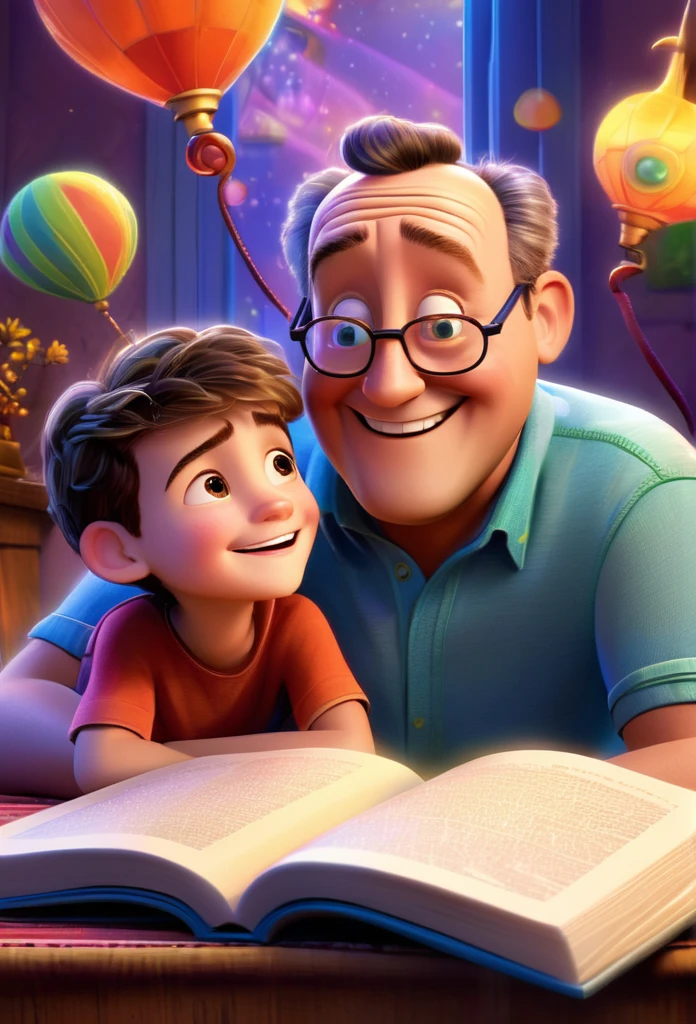 (wide amgle:1.5),(bright and vibrant colors), (highres), (realistic:1.37), Disney Pixar Movie poster, (art by Kevin James), skinny, no muscle, (55 years old man and his son),father and son, (beautiful detailed eyes:1.1), (beautiful detailed lips:1.1), smiling with a warm expression, (charming appearance:1.1), (professional lighting), (ultra-fine rendering), upper body shot, (expressive facial features:1.1), reading a book to the son, (reading intently:1.1), surrounded by magical elements representing different Pixar movies, (dynamic composition), (whimsical details), (playful characters), vibrant background, filled with color and joy, (3D render), (fantastical art style), (nostalgic aesthetic), (attention to detail:1.1).
