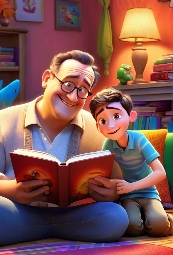 (wide amgle:1.5),(bright and vibrant colors), (highres), (realistic:1.37), Disney Pixar Movie poster, (art by Kevin James), skinny, no muscle, (55 years old man and his son),father and son, (beautiful detailed eyes:1.1), (beautiful detailed lips:1.1), smiling with a warm expression, (charming appearance:1.1), (professional lighting), (ultra-fine rendering), upper body shot, (expressive facial features:1.1), reading a book to the son, (reading intently:1.1), surrounded by magical elements representing different Pixar movies, (dynamic composition), (whimsical details), (playful characters), vibrant background, filled with color and joy, (3D render), (fantastical art style), (nostalgic aesthetic), (attention to detail:1.1).
