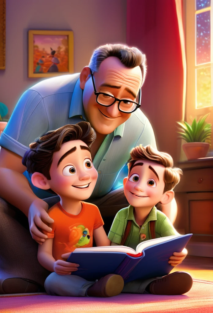 (wide amgle:1.5),(bright and vibrant colors), (highres), (realistic:1.37), Disney Pixar Movie poster, (art by Kevin James), skinny, no muscle, (55 years old man and his son),father and son, (beautiful detailed eyes:1.1), (beautiful detailed lips:1.1), smiling with a warm expression, (charming appearance:1.1), (professional lighting), (ultra-fine rendering), upper body shot, (expressive facial features:1.1), reading a book to the son, (reading intently:1.1), surrounded by magical elements representing different Pixar movies, (dynamic composition), (whimsical details), (playful characters), vibrant background, filled with color and joy, (3D render), (fantastical art style), (nostalgic aesthetic), (attention to detail:1.1).
