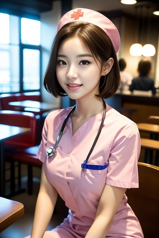 (Ulzzang-6500-v1.1, masterpiece, highest quality:1.3, ultra-detailed 8k:1.2, hyperrealistic:1.35, raw photo:1.2, highest quality, high resolution, wallpaper, realistic, dramatic, realistic painting art by midjourney:1.3, 1 nurse, 28yo, pink nurse uniform, hair clip, short white tight skirt:1.3, tired and resting in hospital cafe, super beautiful, beautiful skin, detailed face, symmatrical face, double eyelid, beautiful and detailed eyes, friendly kind smile, beautiful glossy lips, snaggle-tooth, short bob hair, chest strengthening, ample bosom, emphasize body line, perfect style, cowboy_shot, bokeh background, warm lighting, natural soft light)