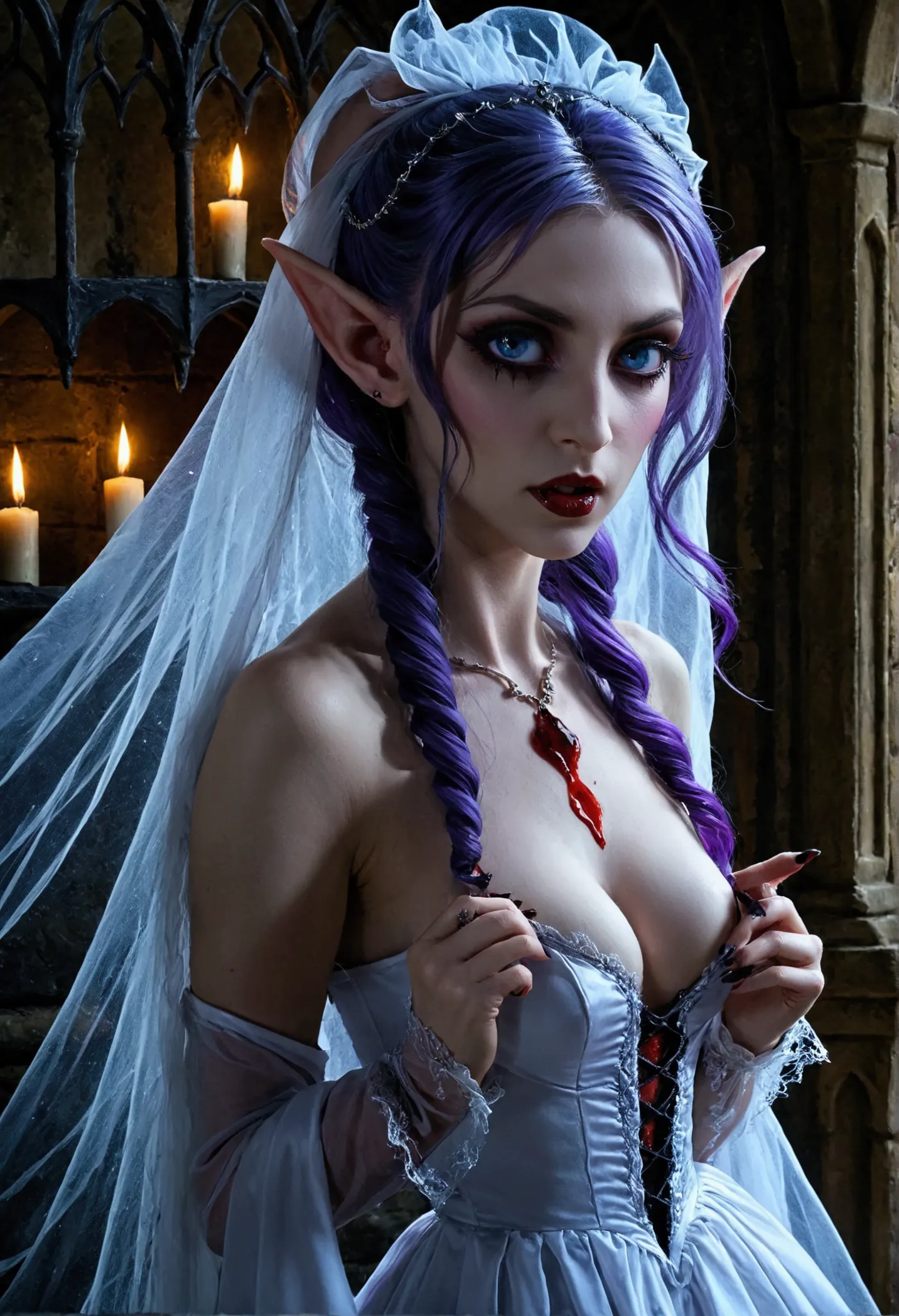 arafed a picture of elf vampire in her castle. an exquisite beautiful female elf vampire (ultra details, masterpiece, best quali...