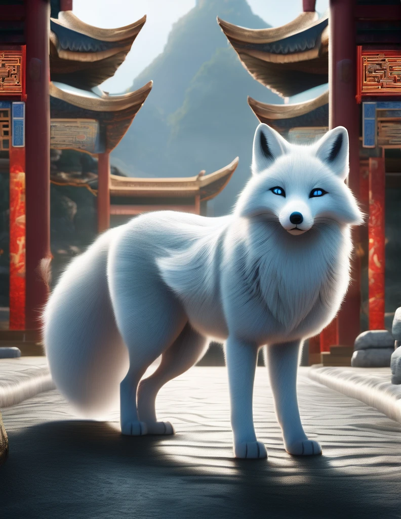 Conception de scène, conception des rôles, Rendu 3D, Fourrure réaliste,
In ancient mythologie chinoise, Un renard blanc aux yeux bleus. Il a neuf queues rouges，en forme d&#39;éventail，se dérouler sauvagement ci-dessous。 (Corps entier sur le côté), se tenir dans des poses dynamiques (Les neuf énormes queues rouges qui dépassent du renard&#39;la taille est baissée), (Le bord de chaque queue dégage une faible lumière argentée), Et il y a des griffes de renard évidentes,
légende mystérieuse, mythologie chinoise, Bêtes divines anciennes, Montagnes et mers chinoises, art conceptuel, [illustration, 8k, lisse, Mise au point nette, fantaisie, effets visuels épiques, ,