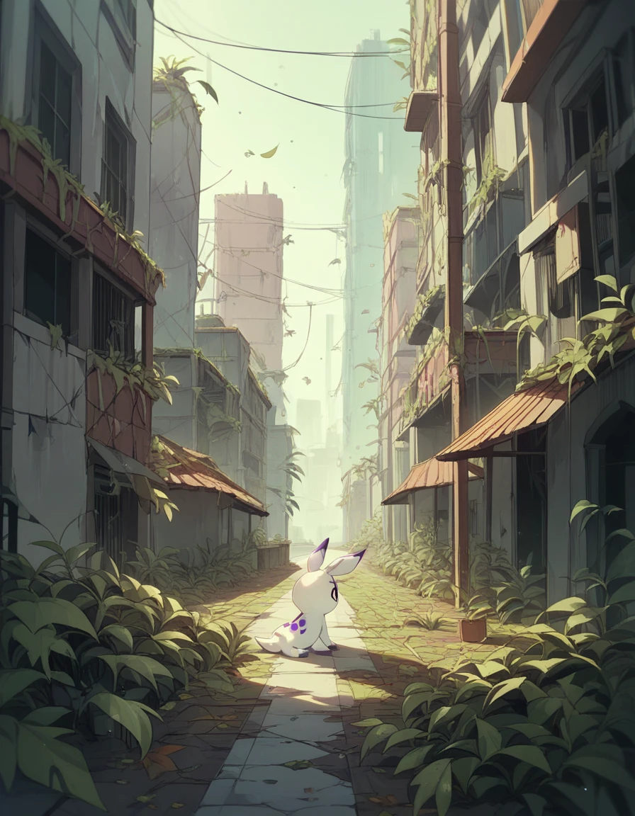 Gomamon female,background Abandoned city ,Plants and leaves everywhere