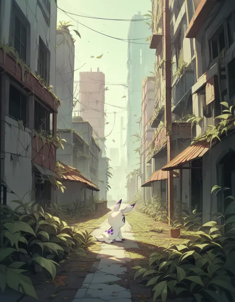 gomamon female,background abandoned city ,plants and leaves everywhere