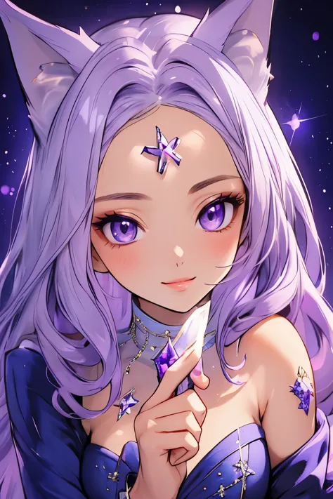 ((best quality)), ((masterpiece)), (detailed), detailed eyes, detailed hands, close up image of her face, female, light purple h...