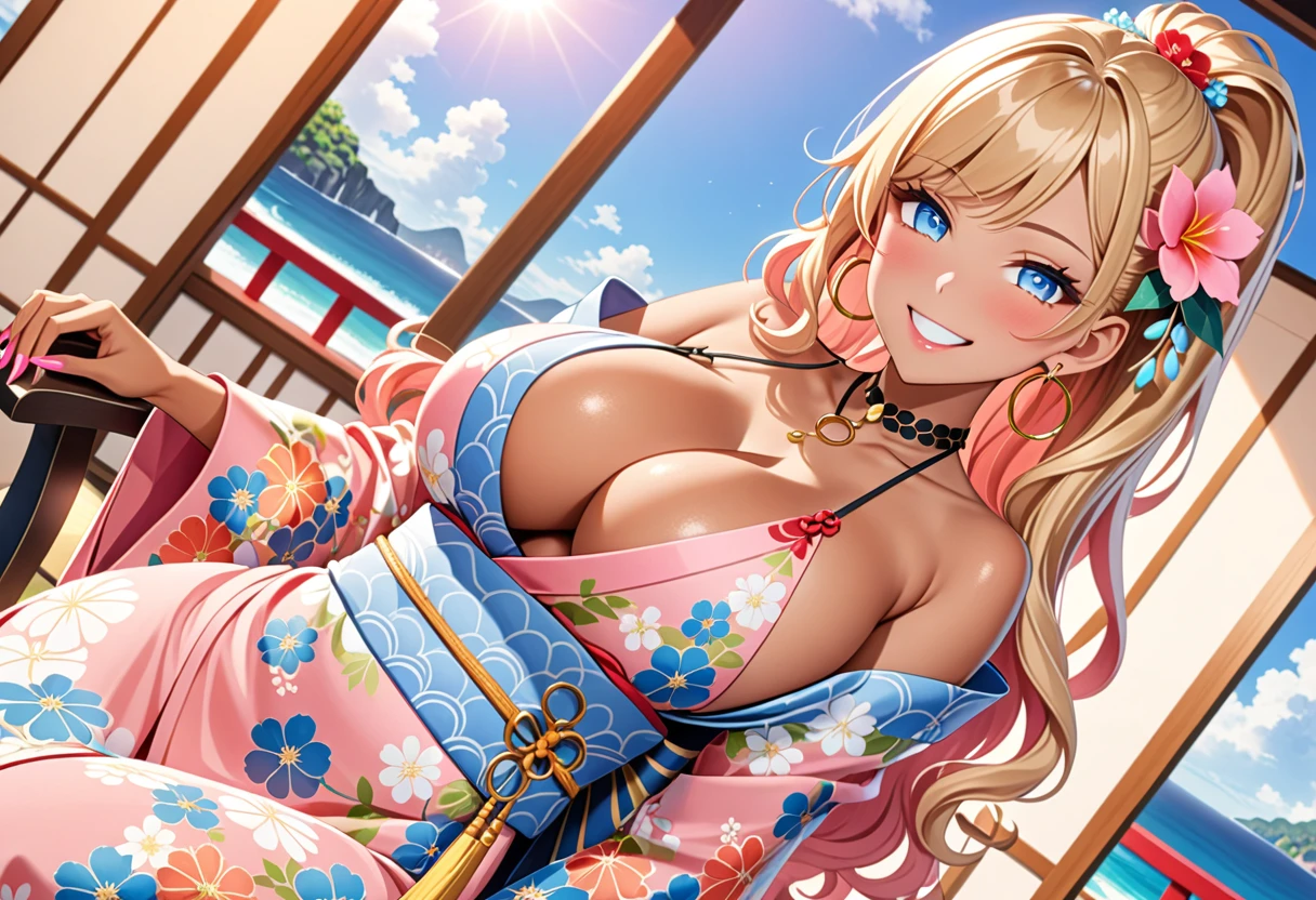 ultra-detailed, ((one girl)), (portrait), (tan skin:1.5), in pastel colors gyaru, (heavy makeup), (professional lighting) hyper detailed, absurdres, 8k, Beautiful Face, (Laugh shyly), ((teasing smile:1.6)), ((happy smile:1.5)),  ((Wink:1.5)), (Laugh with your mouth wide open),((Tilt your face:1.6)), View your viewers, ((Bright red cheeks:1.6)),Glossy shocking pink lips, ((huge breasts:1.6)),  (undressing), ((Her tattoo peeked through her kimono:1.2)), noon, summer, Luxury resort with ocean view, ((Anime style background)),masterpiece, Highest quality, (Brighten your face), so beautiful,Latest, Complex details, ((fluorescent pink long nail:1.2)), (ring),(bracelet), (Floral Choker),AI-generated, Complex,High resolution, Highest quality, super high quality,3D Images、3D Images,One person, (blond long hair), (High Ponytail), (wavy hair:1.4), Anime woman posing for a photo, ((Fine grain、blue eyes、glowing eyes:1.4)), (Squint your eyes:1.1),a hyperRealistic , hyperRealistic , Realistic,Anime woman with long honey blonde hair, Smooth anime CG art, A girl in a gorgeous pastel-colored kimono, ((Pastel-colored furisode)),(Pink large floral pattern),  (sideboob), Long flower hair ornament,large gold hoop earrings, Mature Body, tall,Narrow waist, Sit on a chair, front view,((dutch angle)), (upper body), 