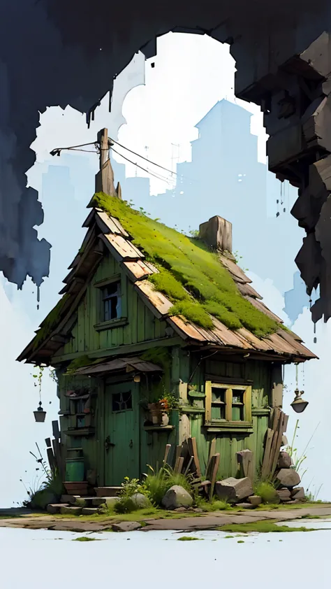 (a small house, unfinished sketch, watercolor on paper, simple background:1.2), detailed architecture, old weathered wood, mossy...