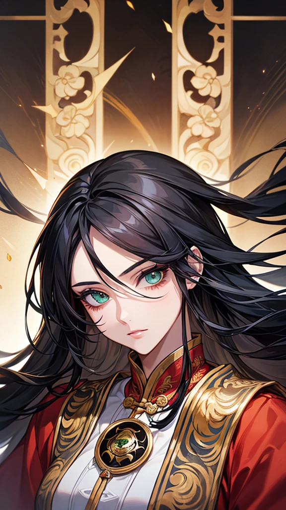 (art: 1.2), (Highest quality: 1.2) 1 female, mature, expensive (1.85cm), He looked about 25 years old, She had long black hair, Straight and shiny hair, Tied in Taoist Chinese style, Green eyes, Very fine grain, Perfect Eyes, Extremely realistic eyes, Well-formed eyes, Long eyelashes, Anime Style, Perfect Face, Mature woman&#39;s face, Fuller lips, smile, mature, Fair skin, Natural Body , Sexy Body, Mature woman&#39;s body, Perfect hands, Fine hand, Hands that are in proportion to the body, Realistic hands, Anatomically excellent arms, She was wearing a Chinese-style green dress decorated with gold and silver.、Still, her very large breasts and、Due to their size, they were unable to hide their huge, sagging breasts.。, Thick thighs, Wide Hips, Looking at the audience, Background Scene, Chinese-style pavilion hall, Posing alone Looking at the viewer