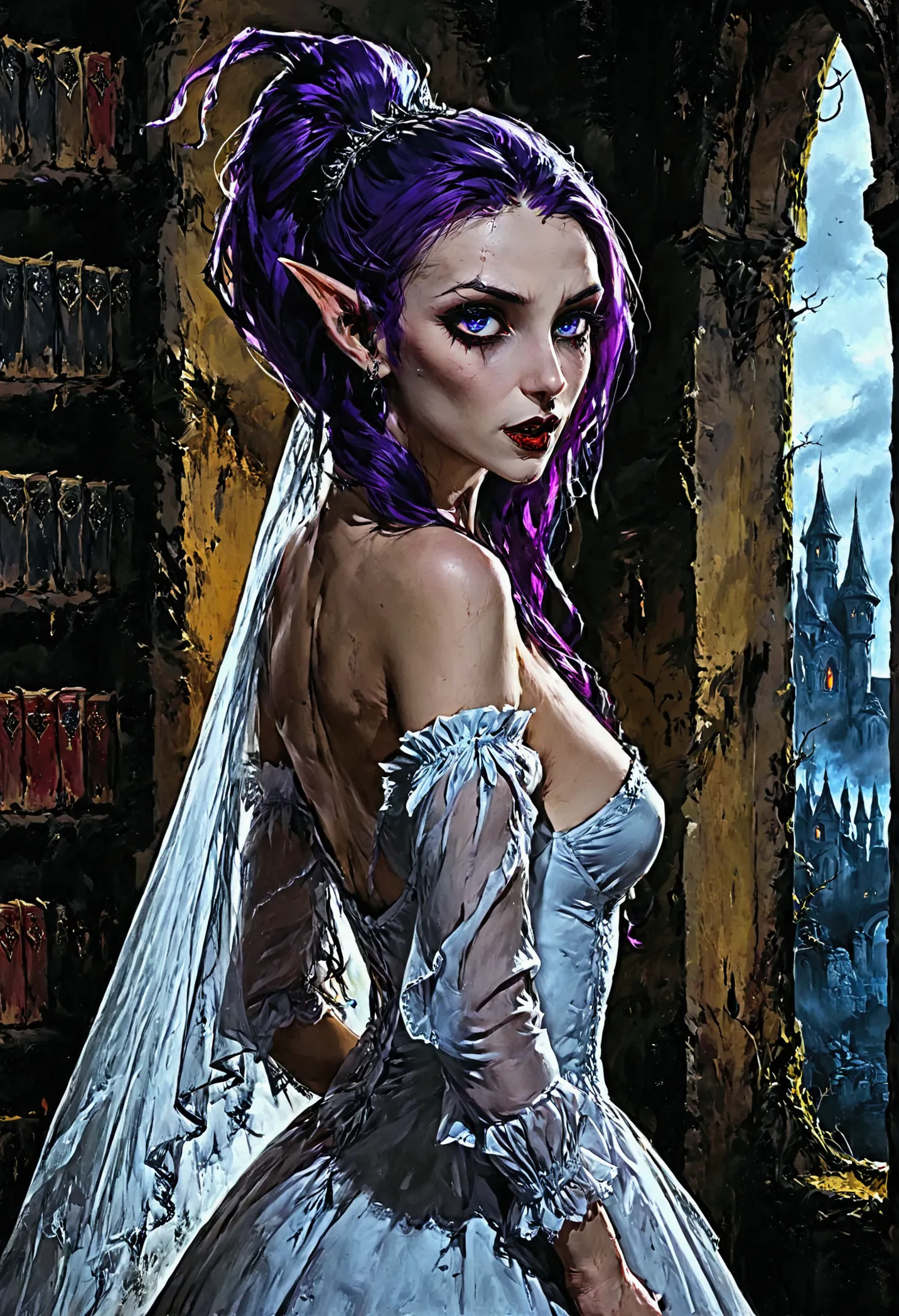 arafed a picture of elf vampire in her castle. an exquisite beautiful female elf vampire (ultra details, masterpiece, best quali...