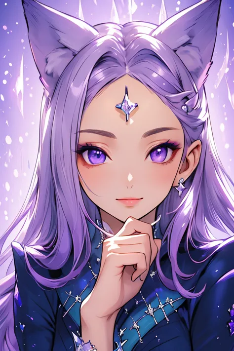 ((best quality)), ((masterpiece)), (detailed), detailed eyes, detailed hands, close up image of her face, female, light purple h...