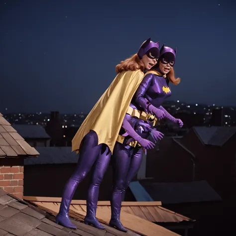 yvonne craig mulher batgirl,  on top of a roof at night,muscular henchman behind her , hugging her from behind, she with a surpr...